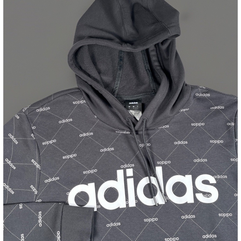 Adidas Hoodie Mens L Black AOP Spell Out Pullover Hooded Sweatshirt EUC